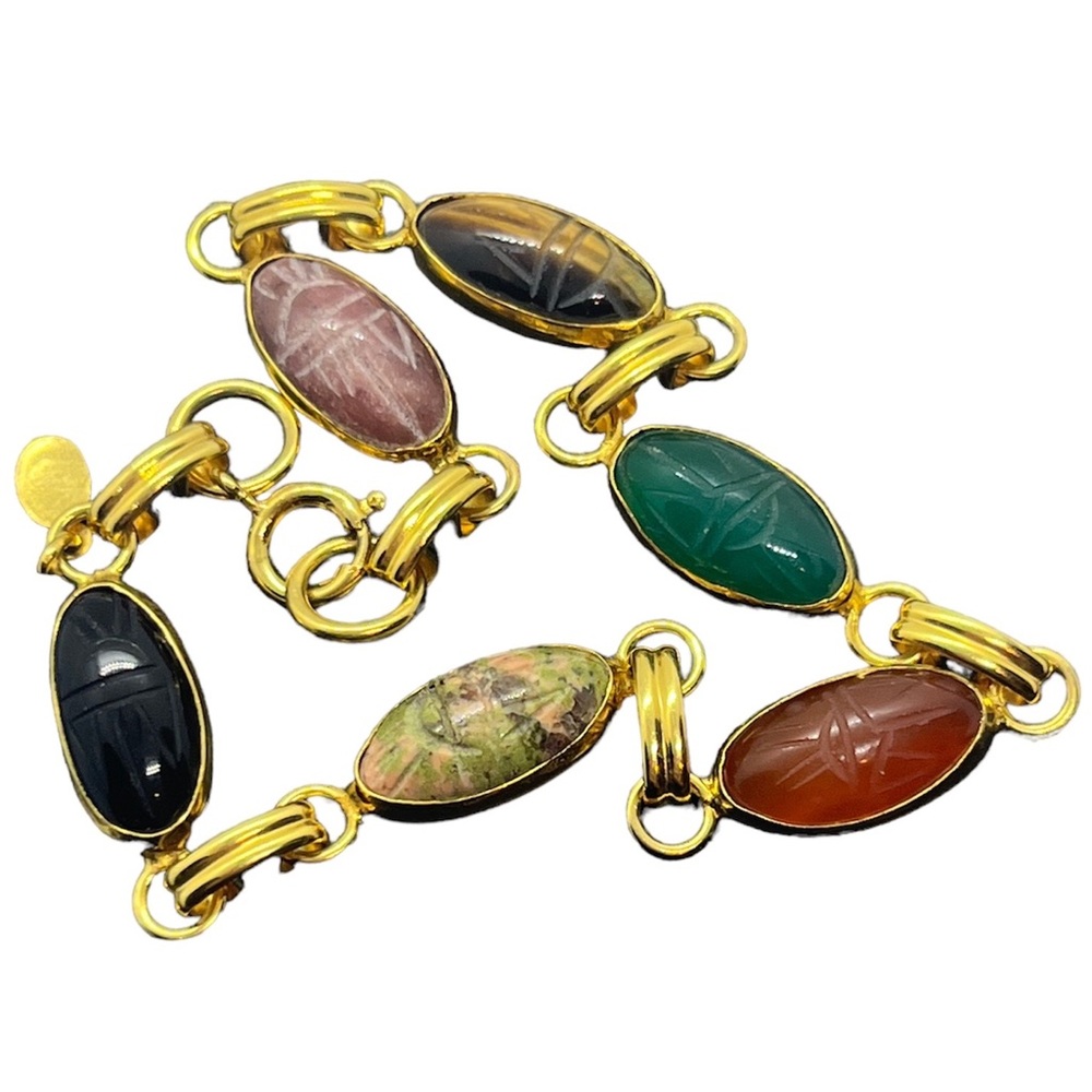 12k gold filled scarab bracelet semi precious stones signed vintage beetle